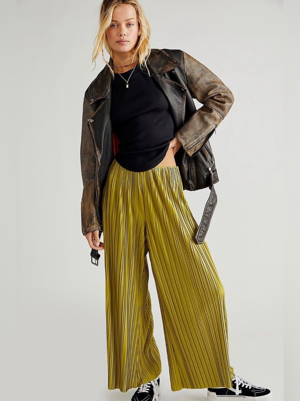 Free People Olive-Green Wide Leg Pleated Pants